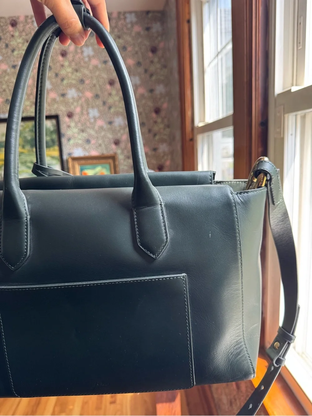 J. Crew Hunter Green Leather Satchel with Top Handles and Crossbody Strap